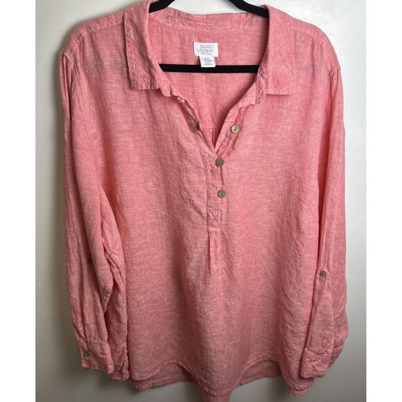 Sigrid Olsen Women’s 1X Red LINEN Roll Tab Sleeve Button Shirt Blouse Tunic 3XL - Picture 1 of 11